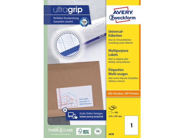 Etikett AVERY 210x297mm 100/fp