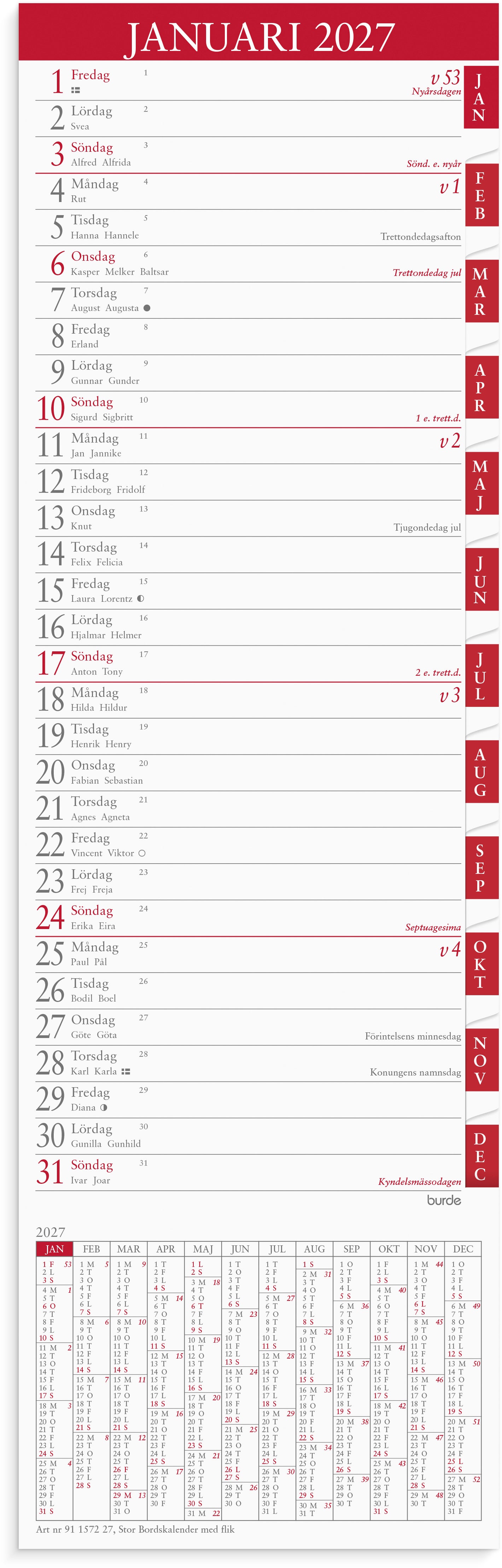 Stor Bordskalender 2027 flik Burde
