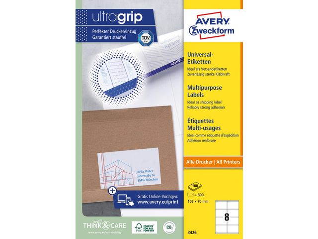 Etikett AVERY Ultragrip 105x70mm 1000/fp