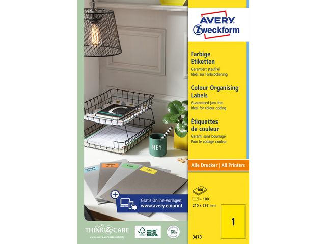 Etikett AVERY neongul 210x297mm 100/fp