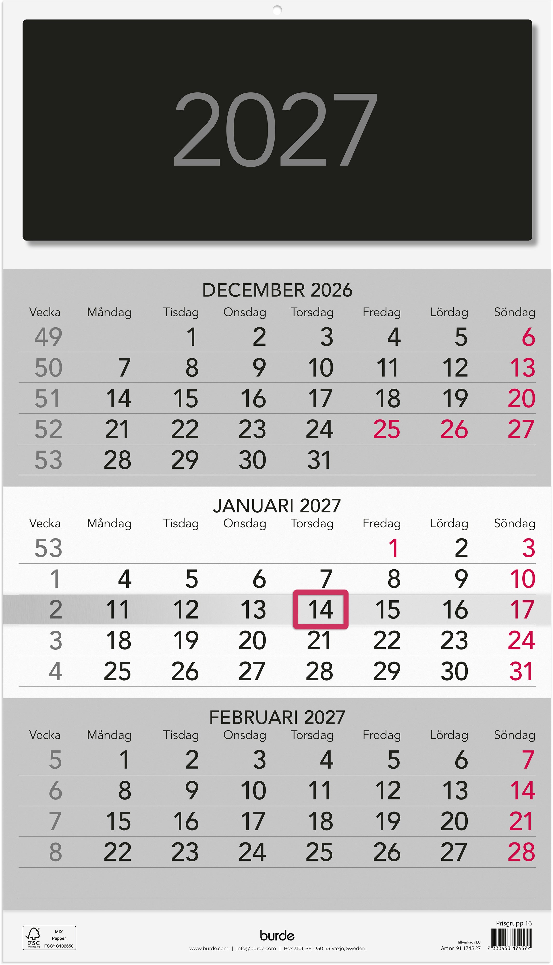 Väggkalender 2027 Triplaner Elegant Burde