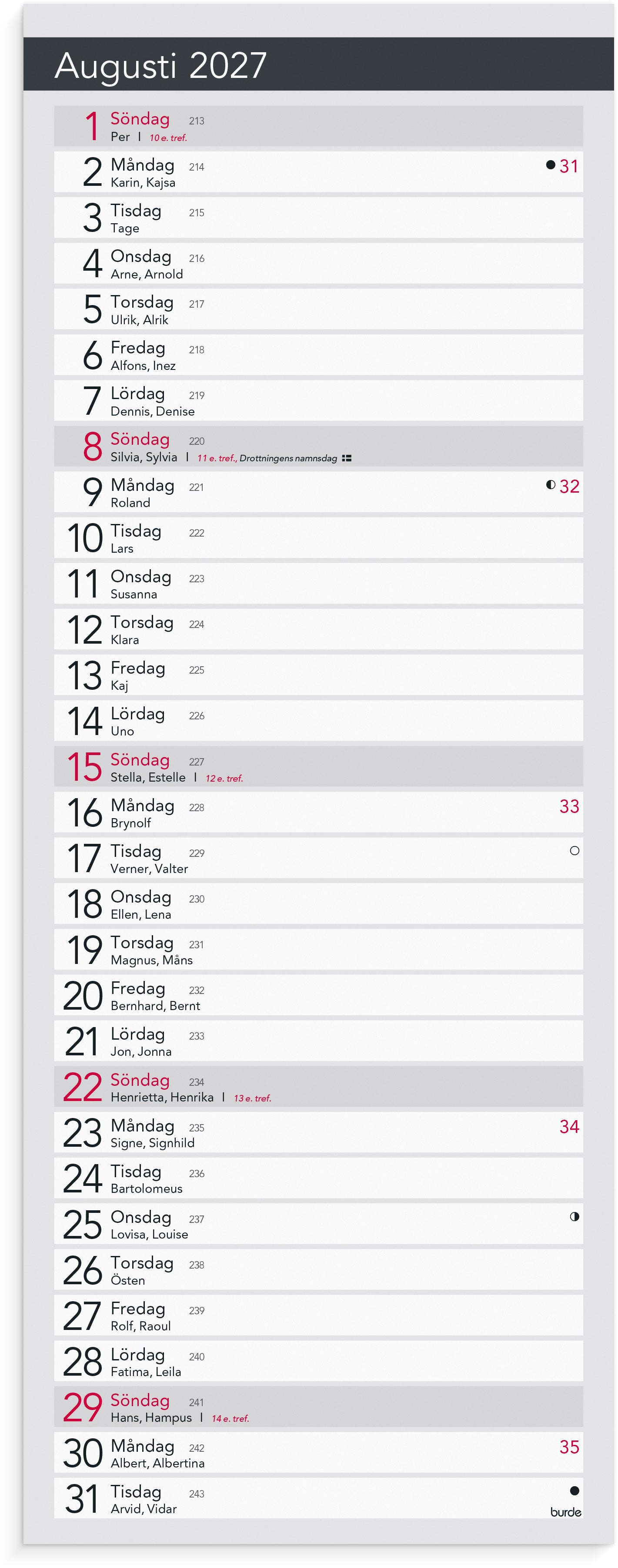Liten Bordskalender Elegant 2027 Burde
