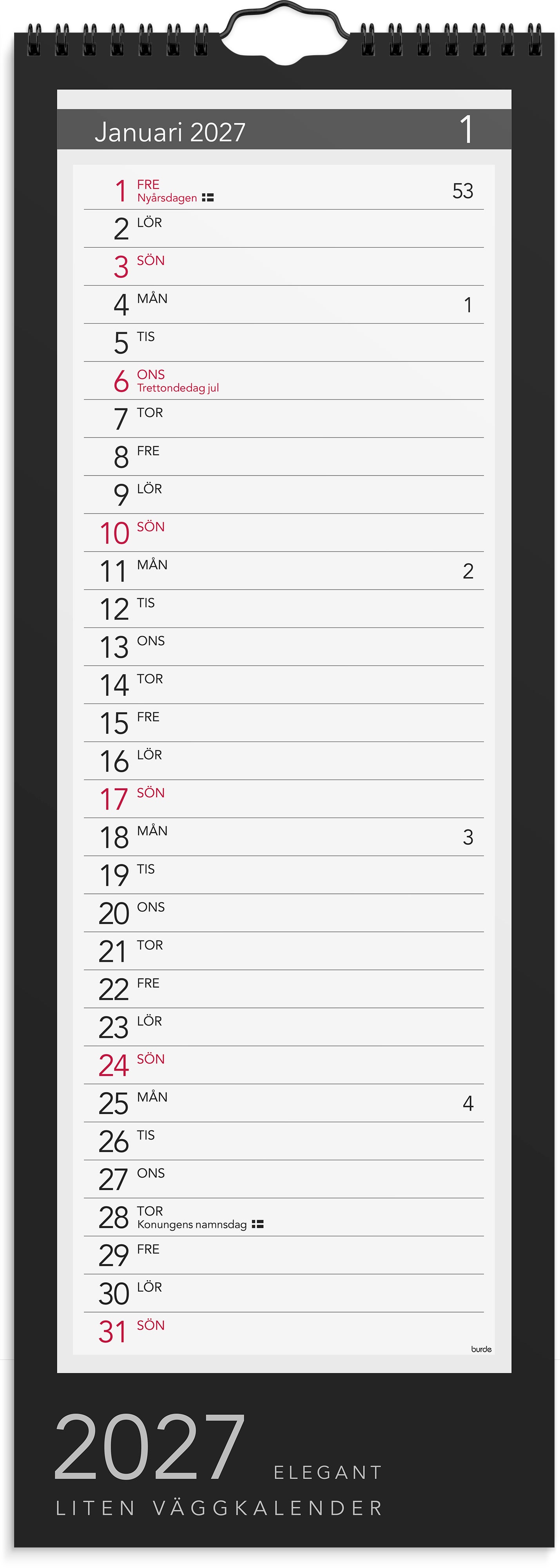 Lilla Väggkalender 2027 Elegant Burde