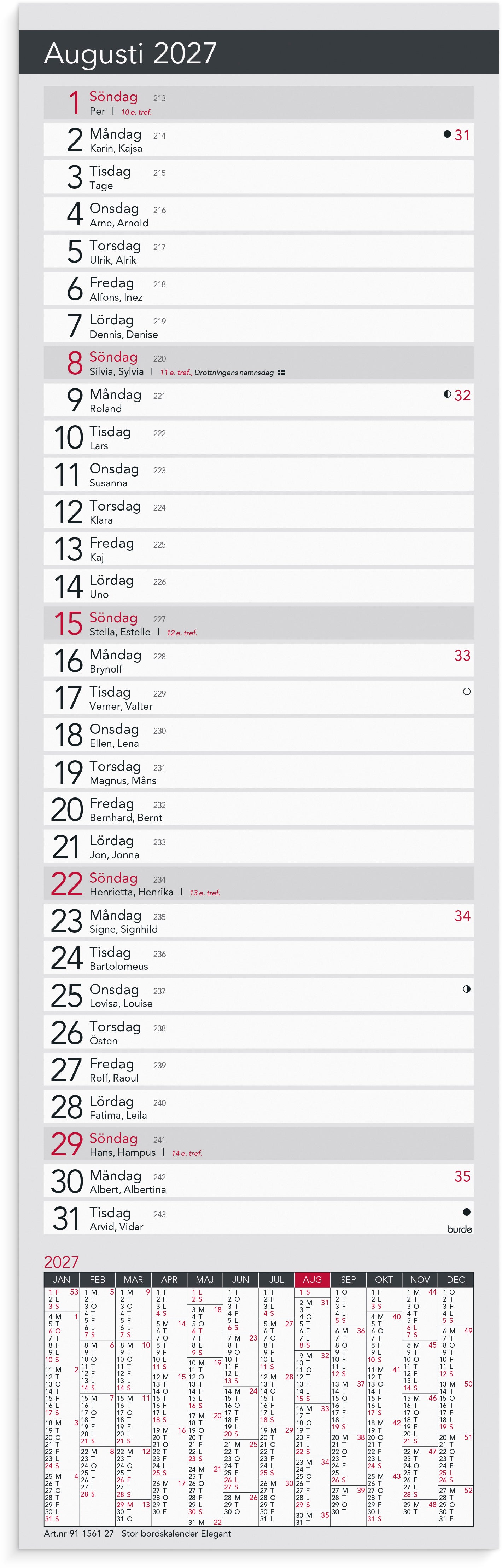 Stor Bordskalender Elegant 2027 Burde