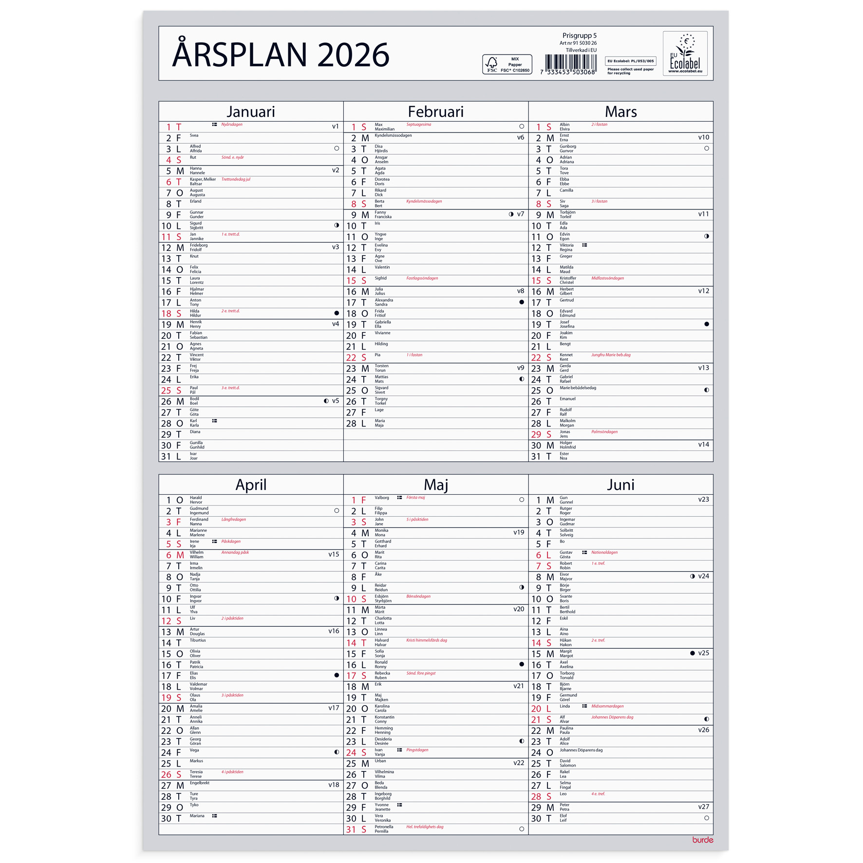 Väggkalender 2026 Årsplan