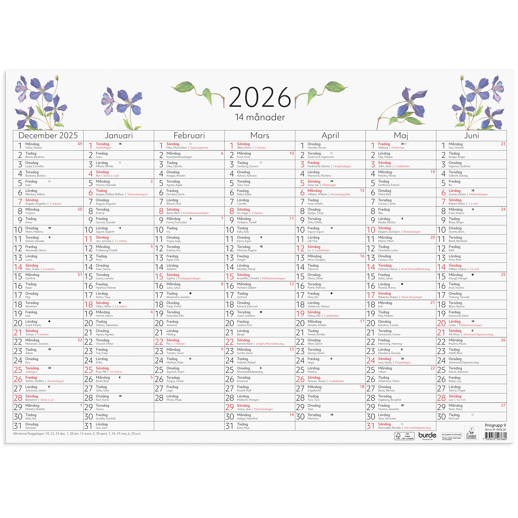 Väggblad 14-månader 2026