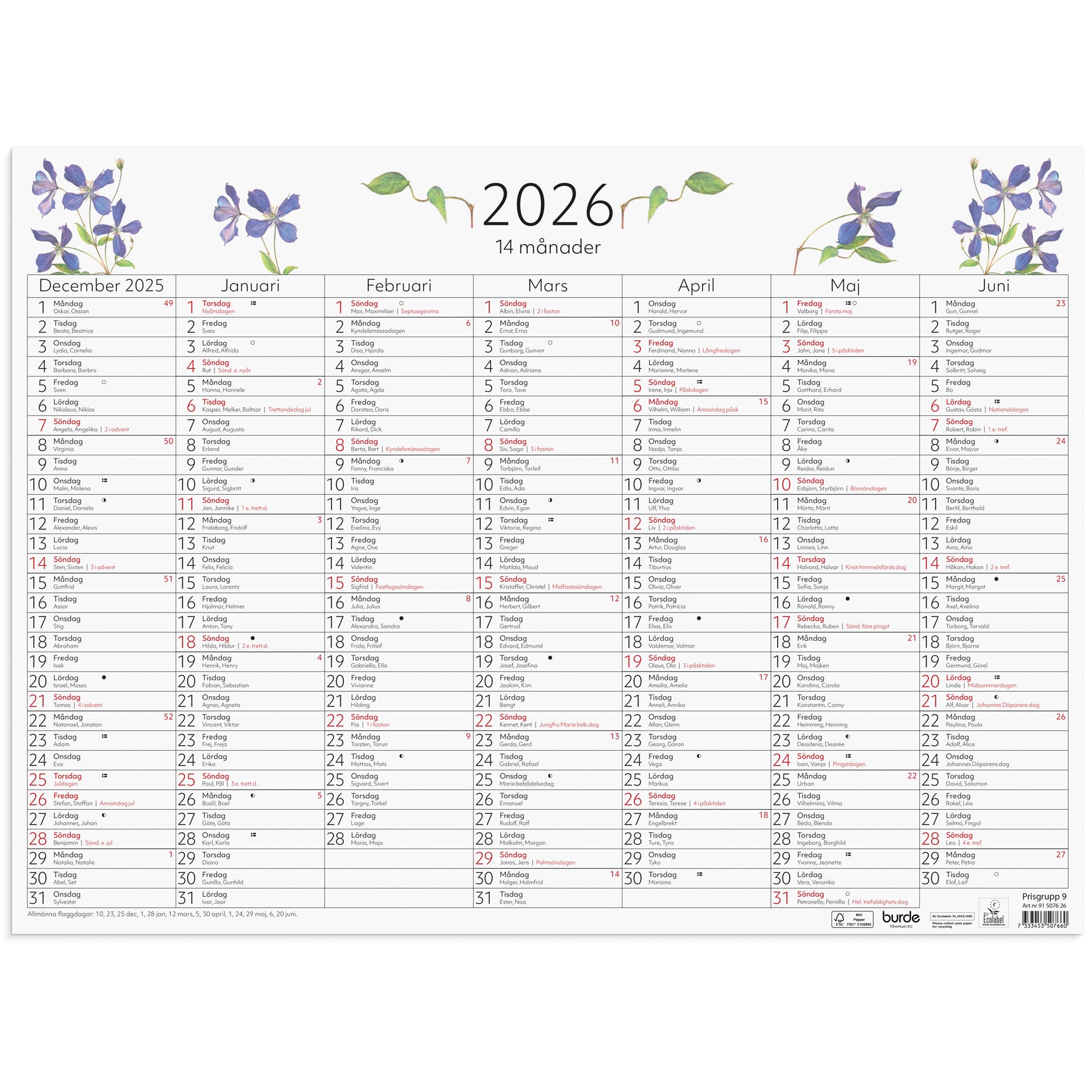 Väggblad 14-månader 2026