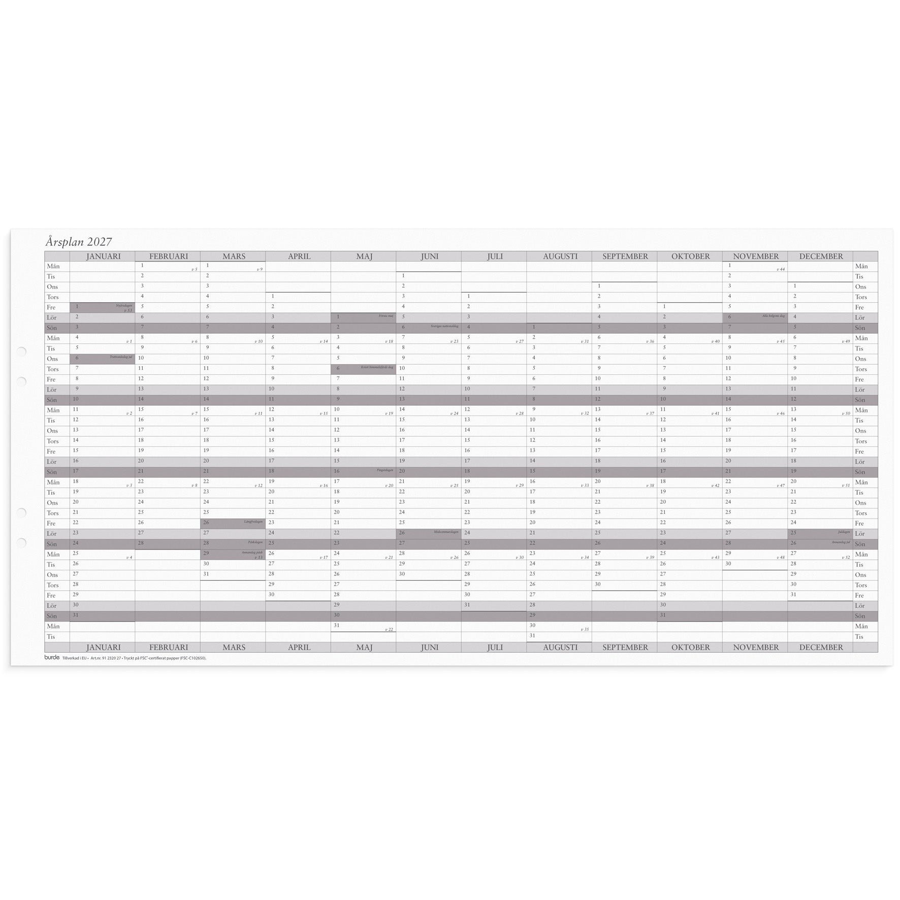 Väggkalender 2027 Årsplan 5-pack Burde