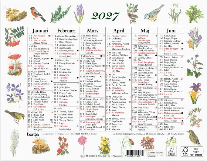 Väggkalender Lilla Naturalmanackan 2027