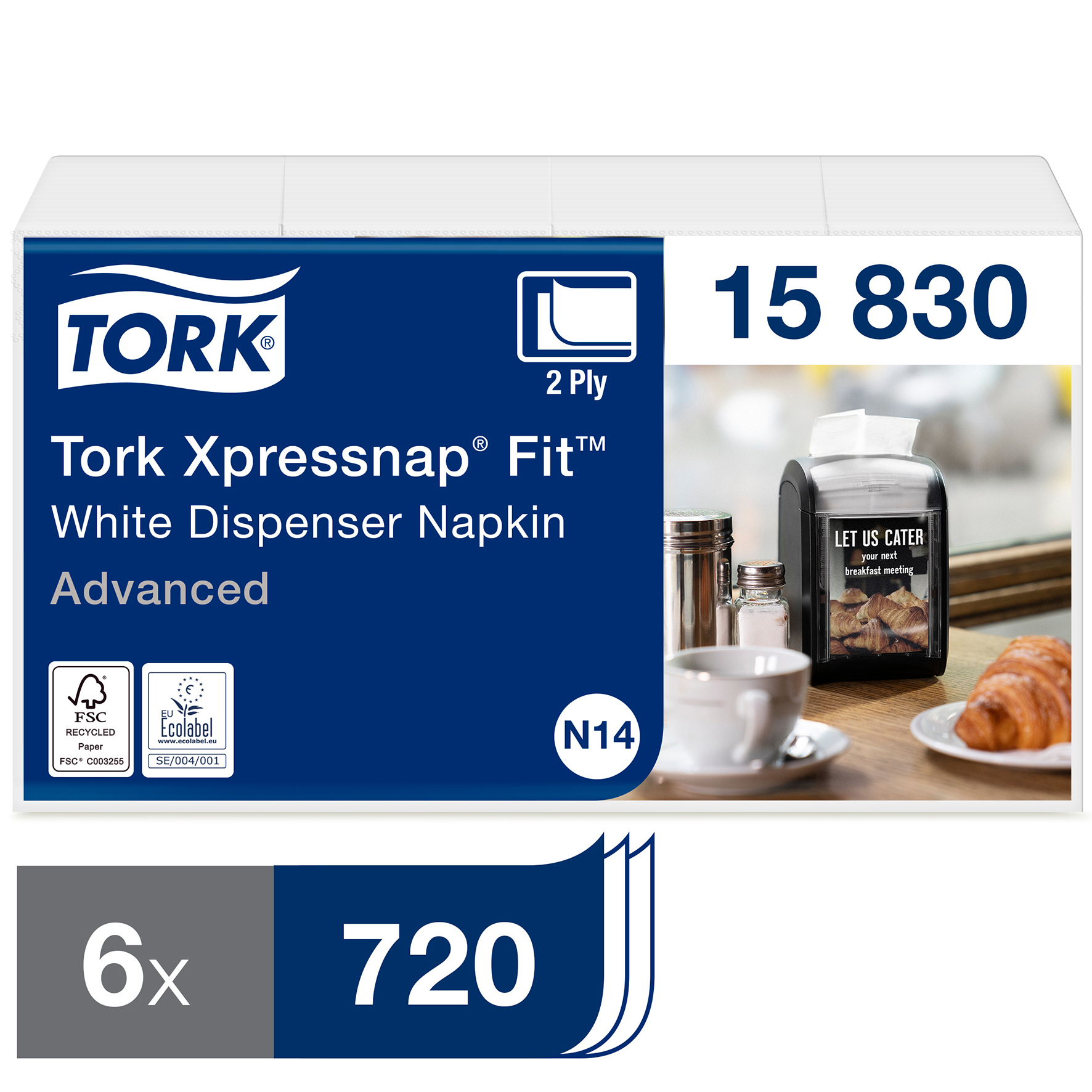 Dispenserservett Tork N14 2-lag vit 6x720 st