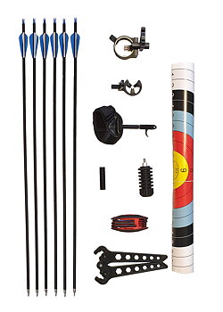 Compoundbåge i set med pilar, sikte och handrelease
