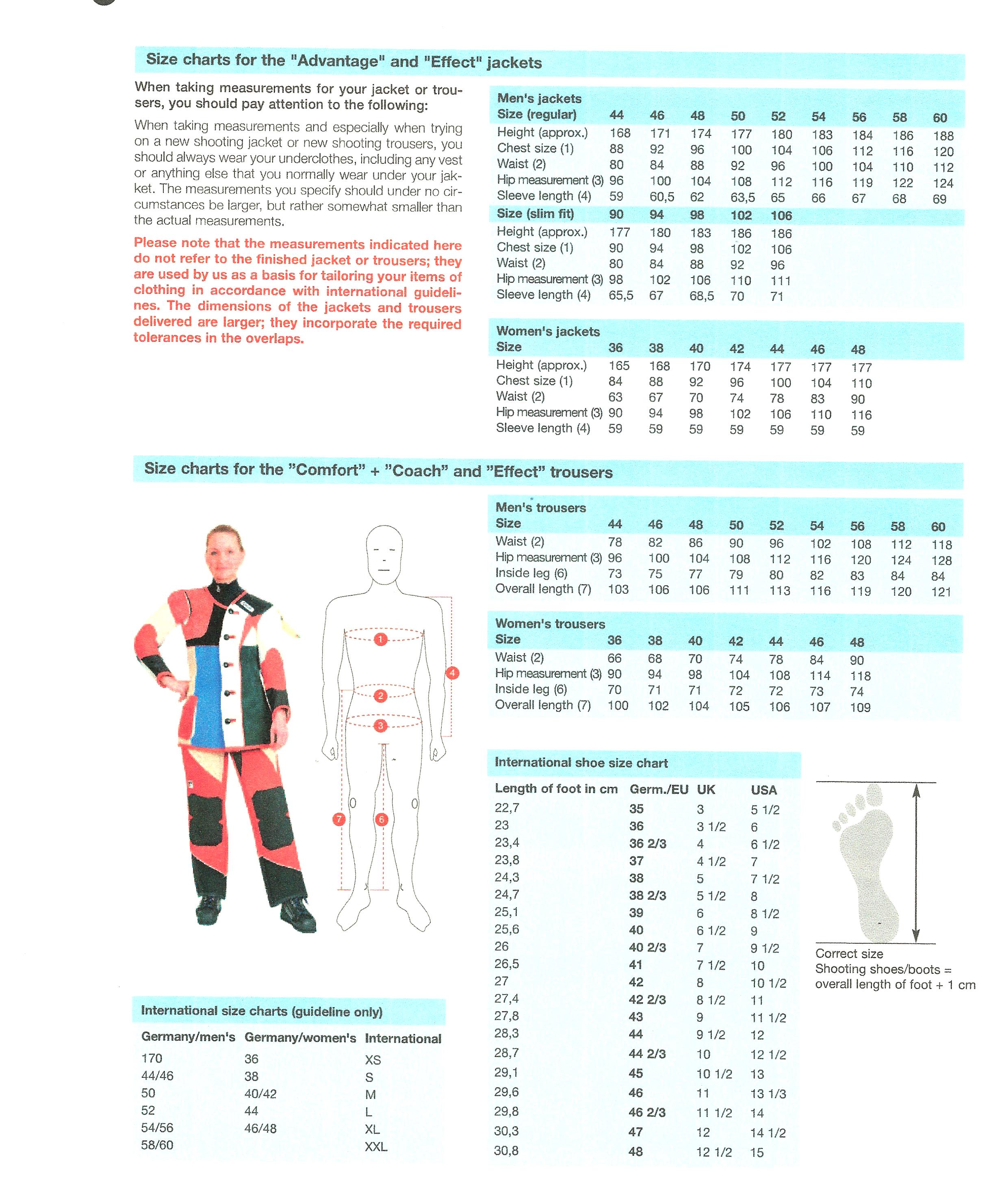 SAUER Size charts for the "Advantage" and "Effect" jackets