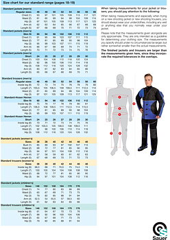SAUER Size charts for the "Advantage" and "Effect" jackets
