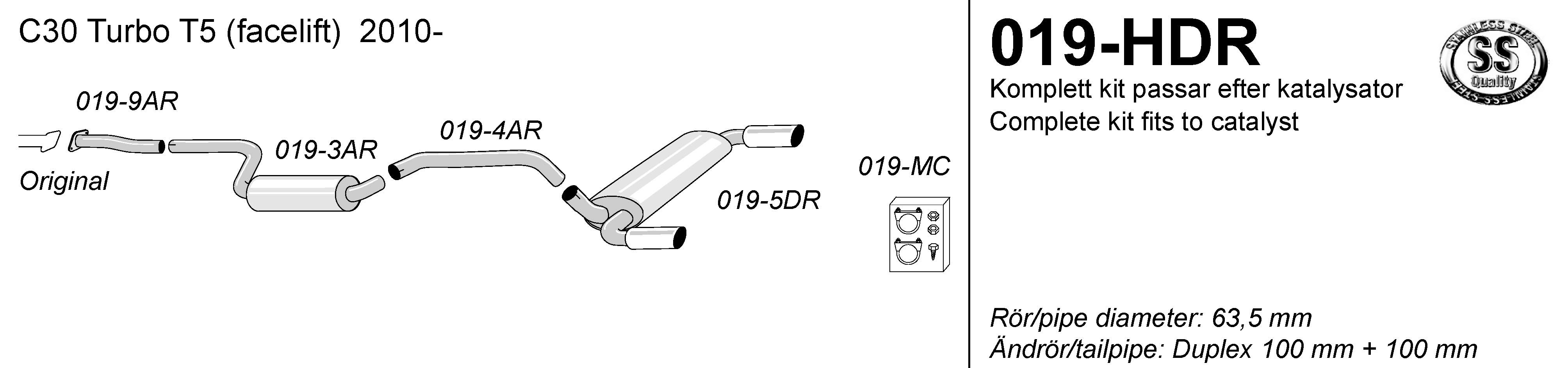 SPORTAVGASSYSTEM 2,5" VOLVO C30  T5 Facelift , -2009, Ändrör 2x100 mm - 2