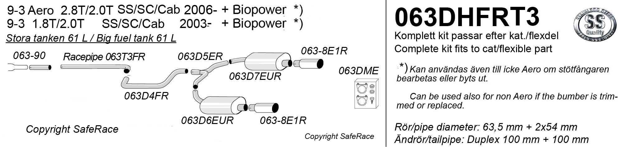 SPORT AVGASSYSTEM 2,5" SAAB 9-3 II, 1,8 2,0T, 2,8 T  Aero - med Racerör och "Duplex"