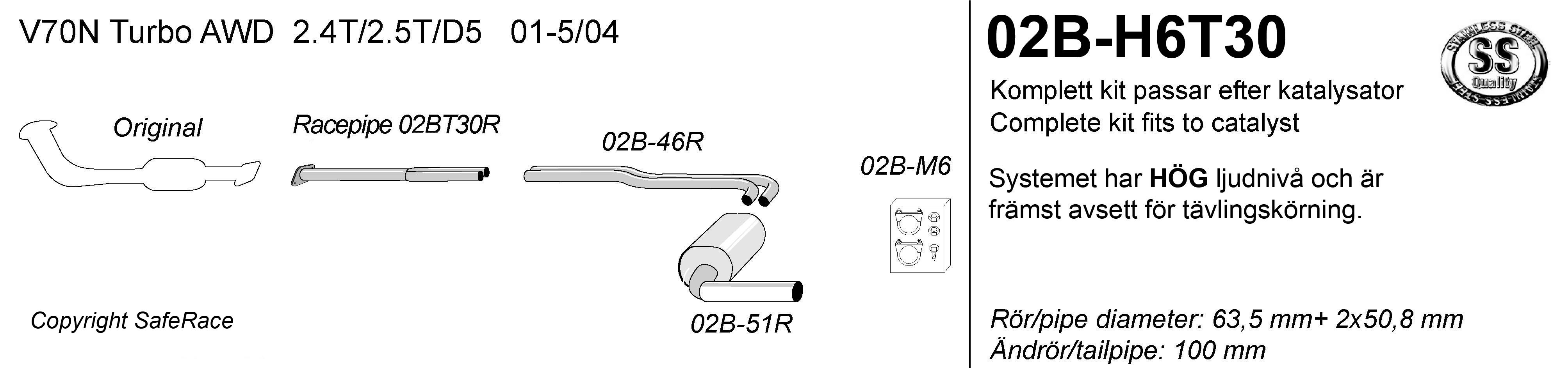 SPORT AVGASSYSTEM  VOLVO V70 II  TURBO AWD  2001-2004, 1 ljudd.   2,5"/ 2x2", Ändrör 1x100mm