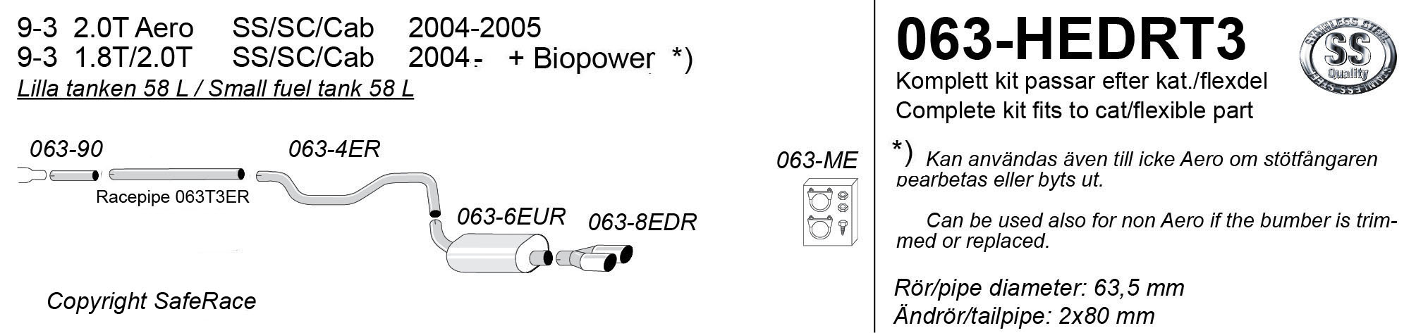 SPORT AVGASSYSTEM 2,5" SAAB 9-3 II, 1,8 2,0T, 2,8 T  Aero - 1 ljudd. oc racerör