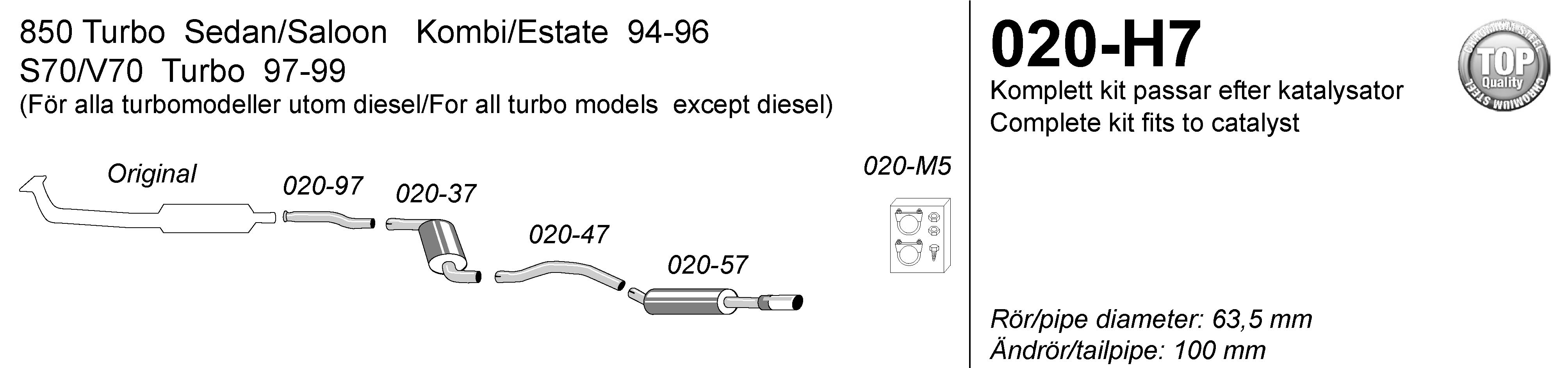 SPORTAVGASSYSTEM 2,5" VOLVO 850-ser/ C70/ V70 I /S70, Turbo, RAK dragning , Ändrör 1x100mm - 2