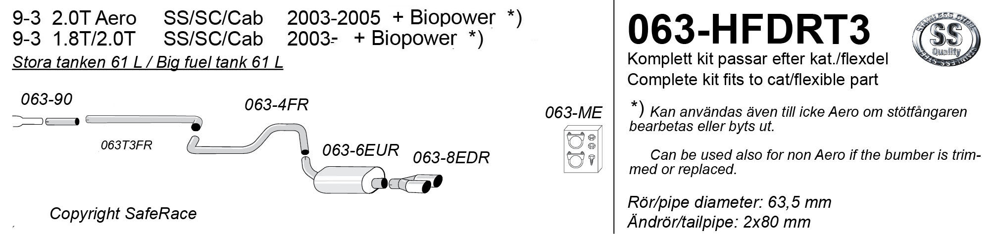 SPORTAVGASSYSTEM 2,5" SAAB 9-3 II, 1,8- 2,0T +  Aero  1 ljudd+ Racerör