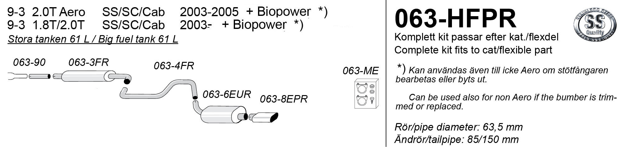 SPORT AVGASSYSTEM 2,5" SAAB 9-3 II, 1,8- 2,0T +  Aero - ovalt slutrör - 2