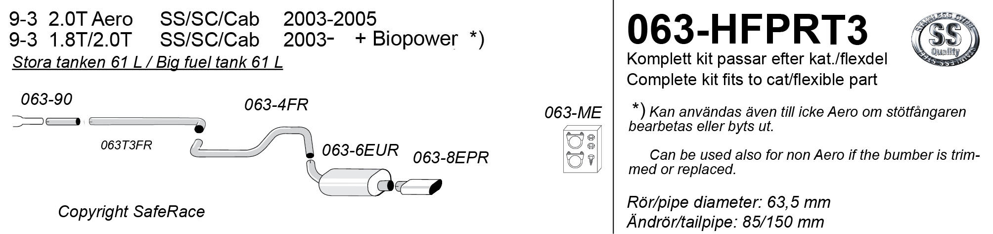 SPORT AVGASSYSTEM 2,5" SAAB 9-3 II, 1,8- 2,0T +  Aero - 1ljudd och  racerör,  ovalt slutrör