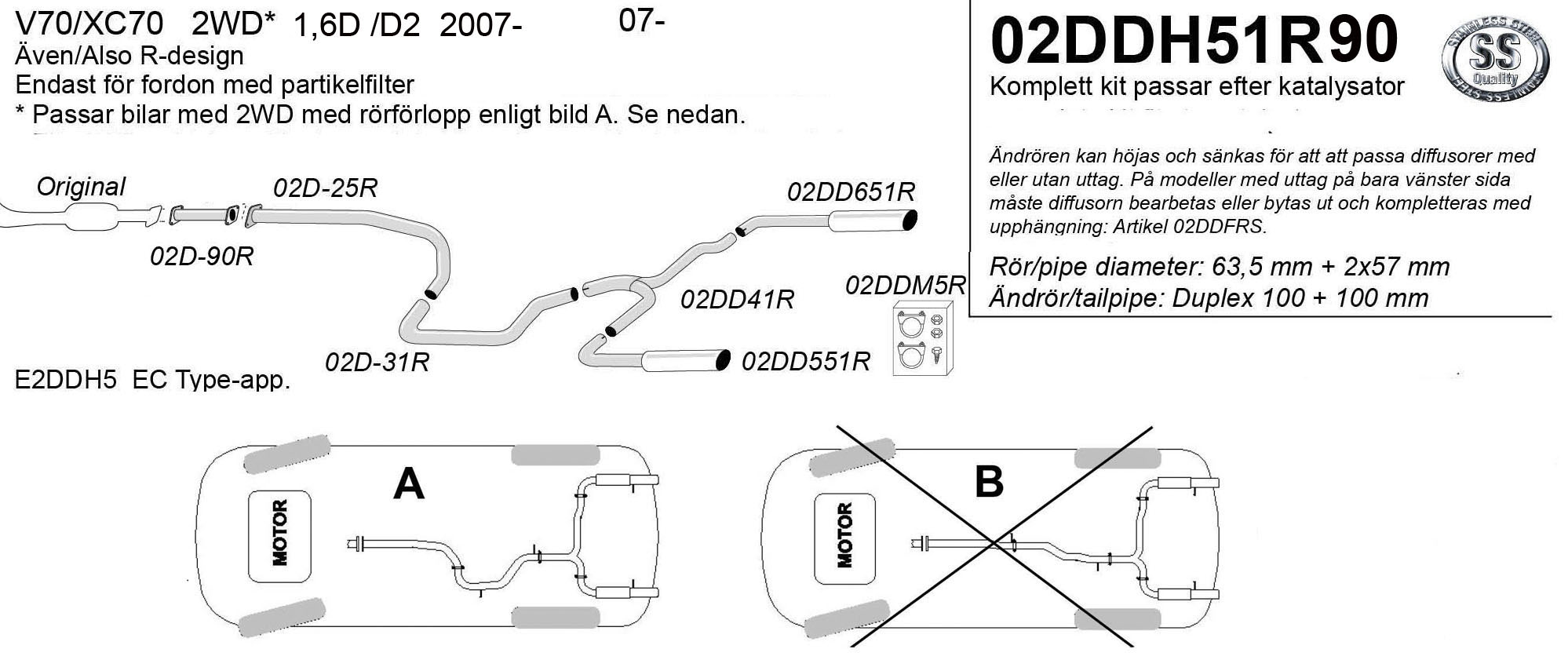 SPORT AVGASSYSTEM  VOLVO V70 III /XC 70 III 1,6D /D2 - 2WD 2007-  Ändrör 2x100mm - 2