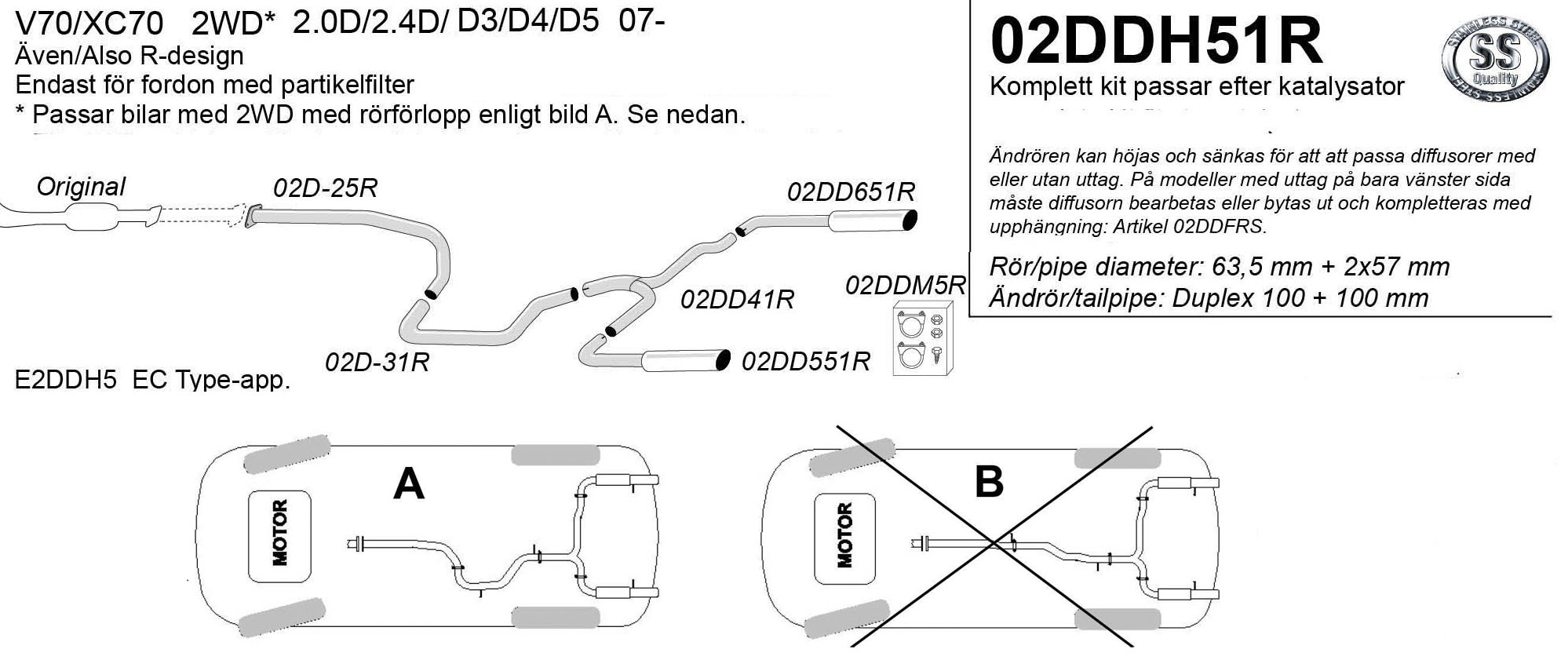 SPORT AVGASSYSTEM  VOLVO V70III/ XC70,  2,0-2,4D, D3-D5, 2WD, 2007-,  Ändrör 2x100mm - 2