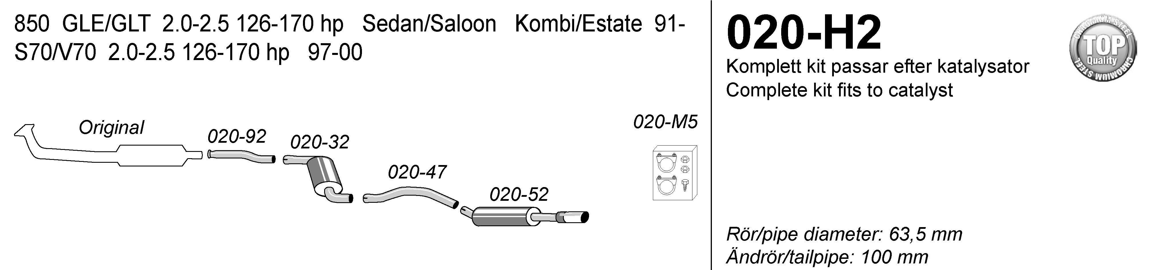 SPORTAVGASSYSTEM 2,5" VOLVO 850-ser/V70 I /S70, (sugmotor), RAK dragning , Ändrör 1x100mm - 2
