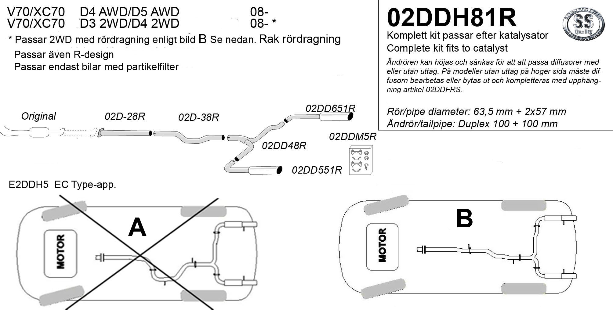 SPORT AVGASSYSTEM  VOLVO V70 III/XC70 III  D3-D4 /2WD, D4-D5 /AWD,  2007-,  Rak dragning , Ändrör 2x100mm - 2