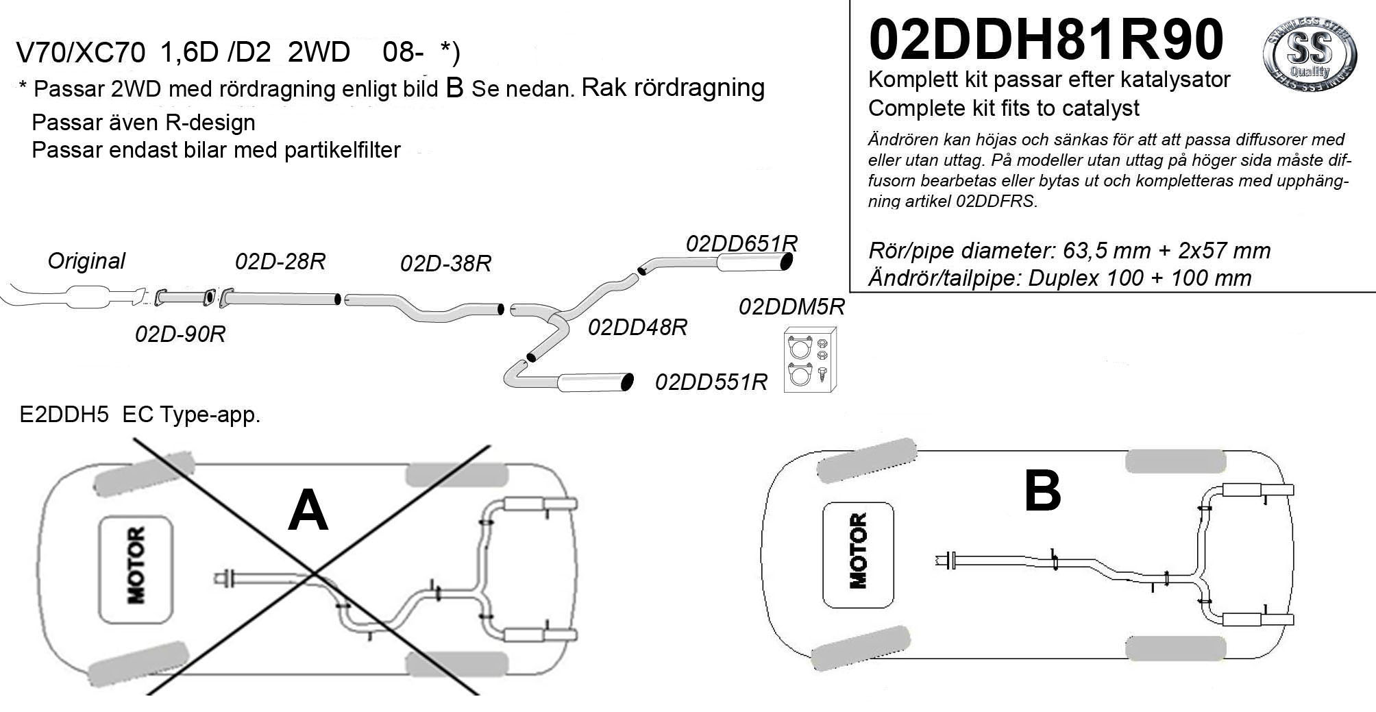 SPORT AVGASSYSTEM  VOLVO V70 III/ XC70 III, 1,6D /D2 - 2WD 2007-  Rak dragning, Ändrör 2x100mm - 2