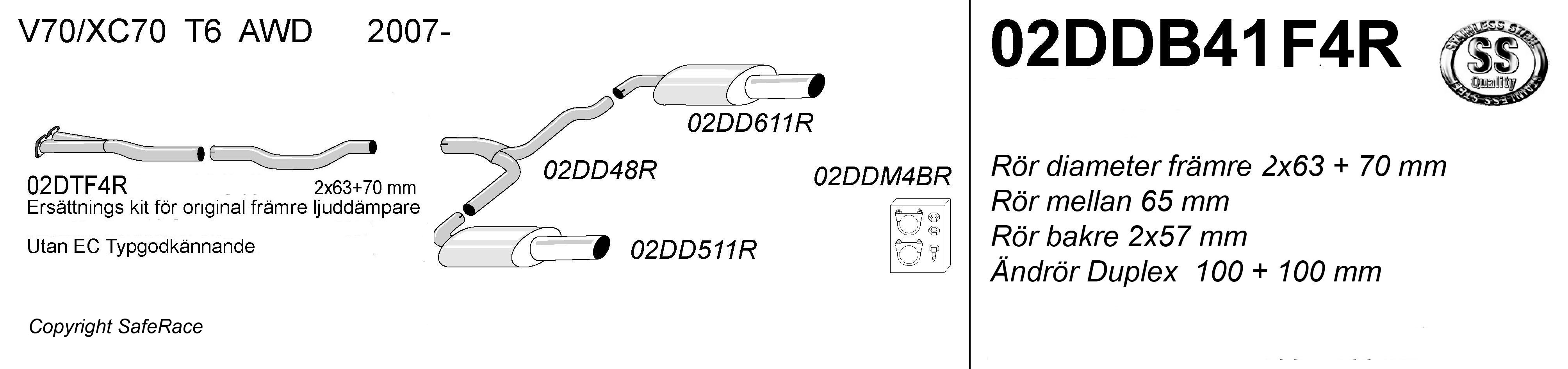 SPORT AVGASSYSTEM MED FRÄMRE RÖR, VOLVO V70 III/ XC70 III/S80 II,  T6 AWD, Ändrör 2x100mm - 3
