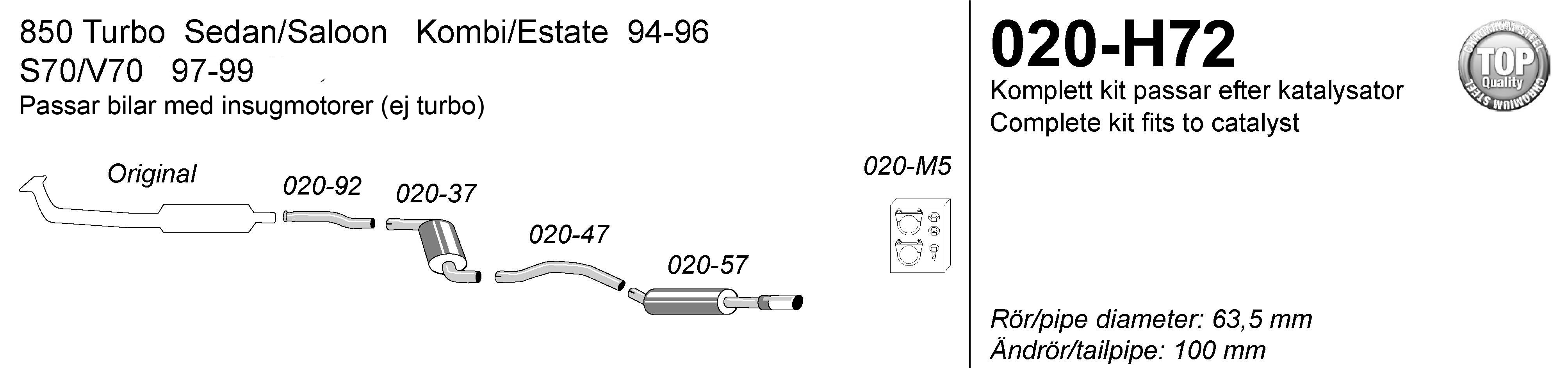SPORT AVGASSYSTEM 2,5" VOLVO 850-ser/ C70/ V70 I /S70,  RAK dragning o turbodämpare , Ändrör 1x100mm - 2