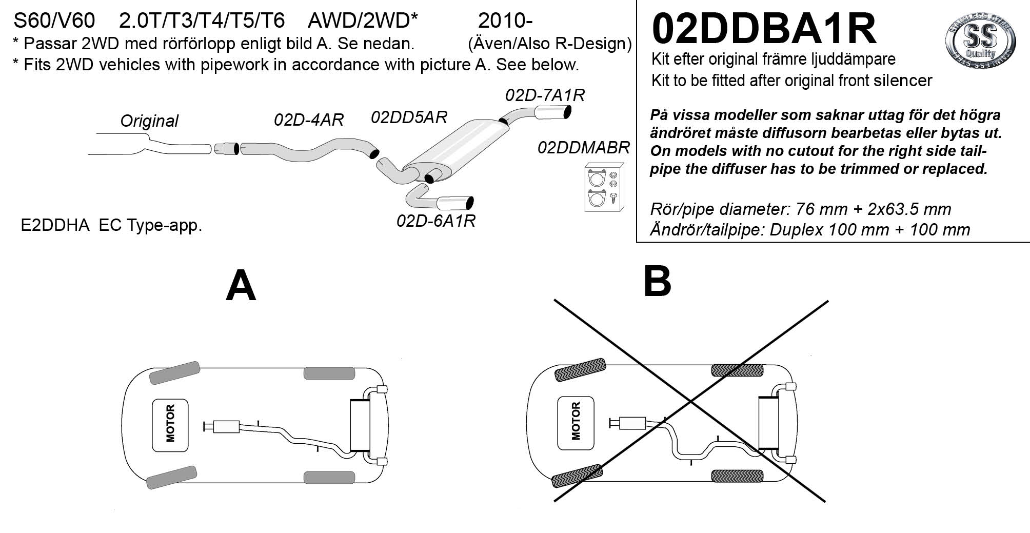SPORT AVGASSYSTEM  VOLVO S60II/V60 AWD/ 2WD bensin,  2010-2018,  Ändrör 2x90mm - 2