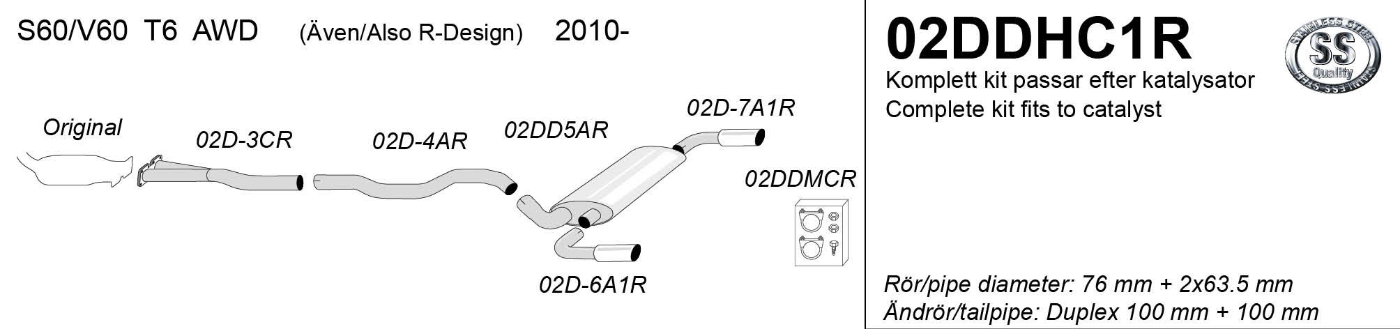 SPORT AVGASSYSTEM  efter KAT. VOLVO S60 II/V60 T6 AWD  2010-2018,  med främre Y-rör, Ändrör 2x100mm - 2