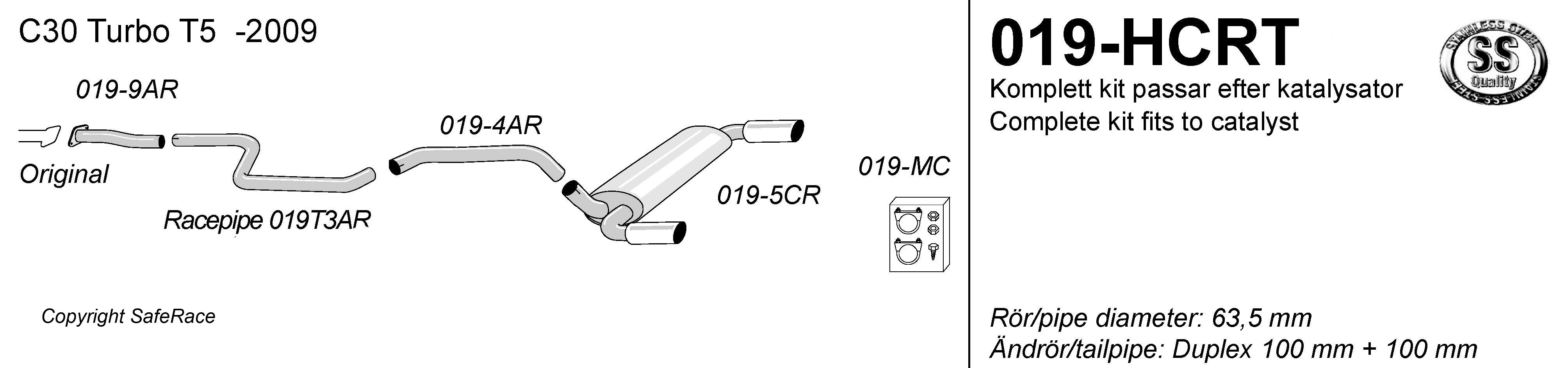 SPORTAVGASSYSTEM 2,5" VOLVO C30  T5 -2009, 1 ljudd. Ändrör 2x100 mm