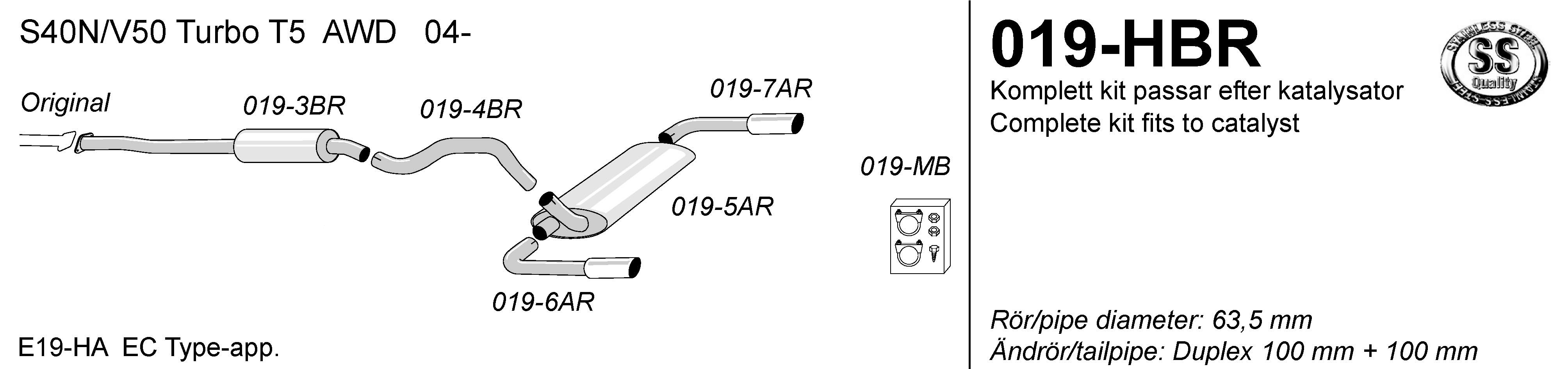 SPORT AVGASSYSTEM  2,5" - VOLVO S/V50 T5 AWD 2004- , Ändrör 2x100 mm - 2