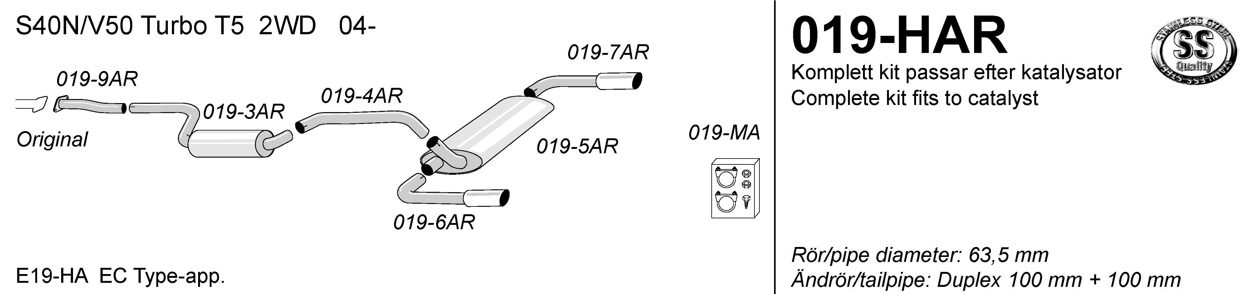 SPORT AVGASSYSTEM 2,5" -  VOLVO S/V50 T5 2WD 2004- , Ändrör 2x100 mm - 2