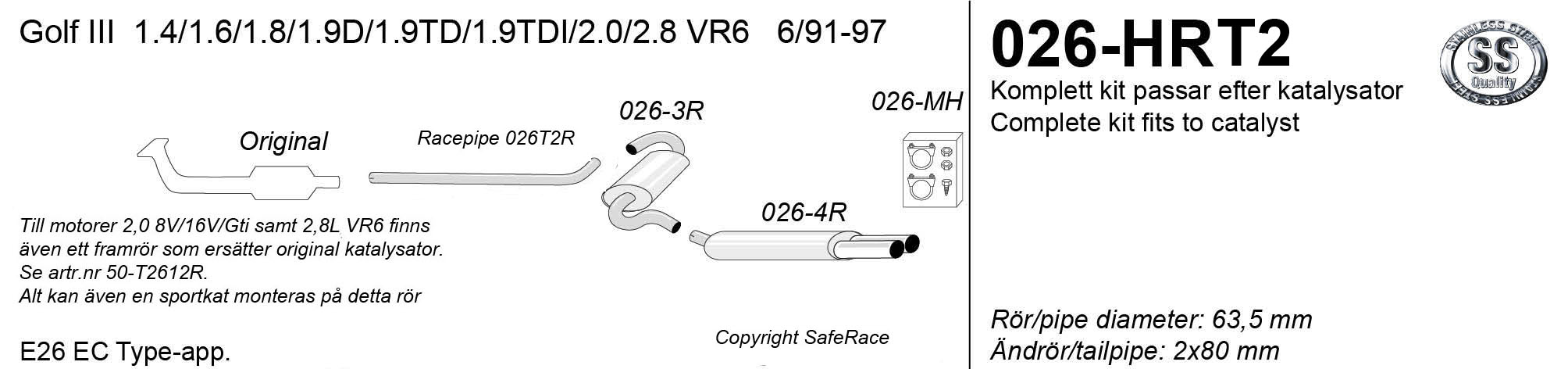 SPORTAVGASSYSTEM 2,5" VW Golf 3 91-97  med racerör och 1 ljuddämpare