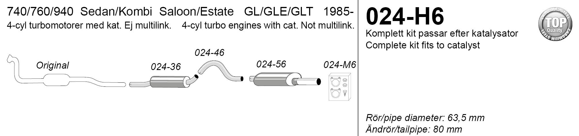 SPORTAVGASSYSTEM- Rostfritt- 2,5" VOLVO 740/760/940 ser Turbo - Ändrör 1x80mm - 2