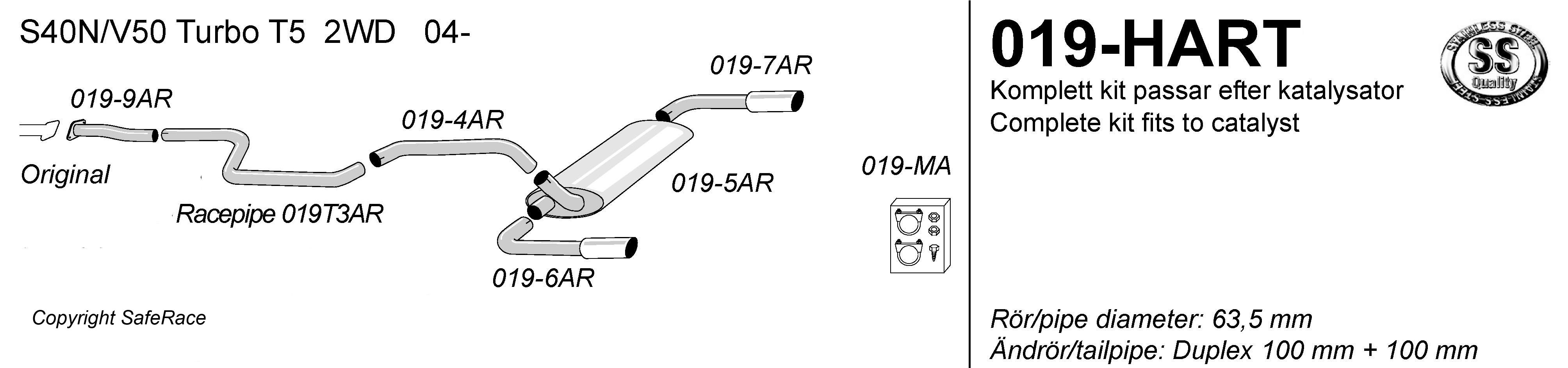SPORT AVGASSYSTEM  2,5"  - VOLVO S/V50 T5 2WD 2004- 1 ljudd, Ändrör 2x100 mm