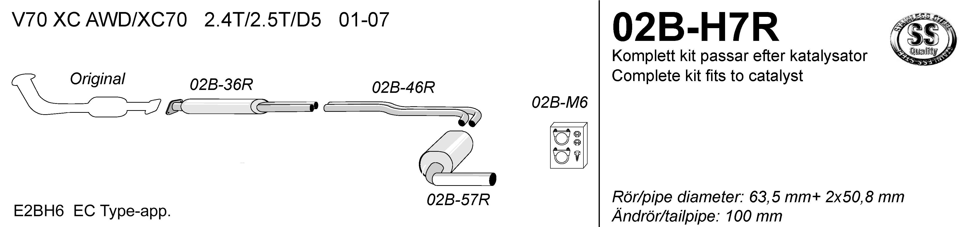 SPORTAVGASSYSTEM  VOLVO V70 XC AWD/ XC70 2001-2007 , 2,5"/ 2x2",  Ändrör 1x100mm - 2