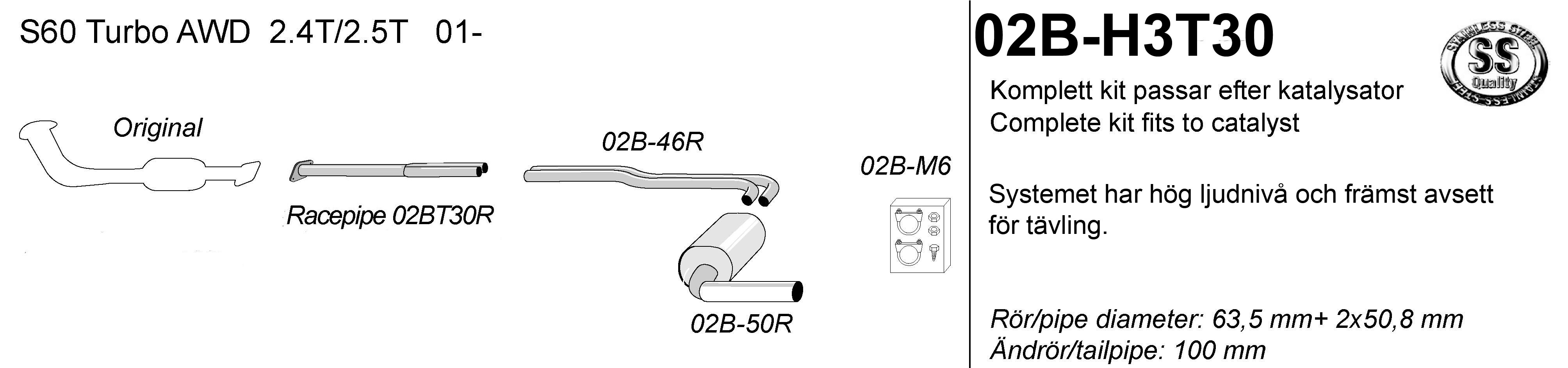 SPORT AVGASSYSTEM  VOLVO  S60 I Turbo  AWD 2001-2009   2,5"/ 2x2", 1 ljudd, Ändrör 1x100mm