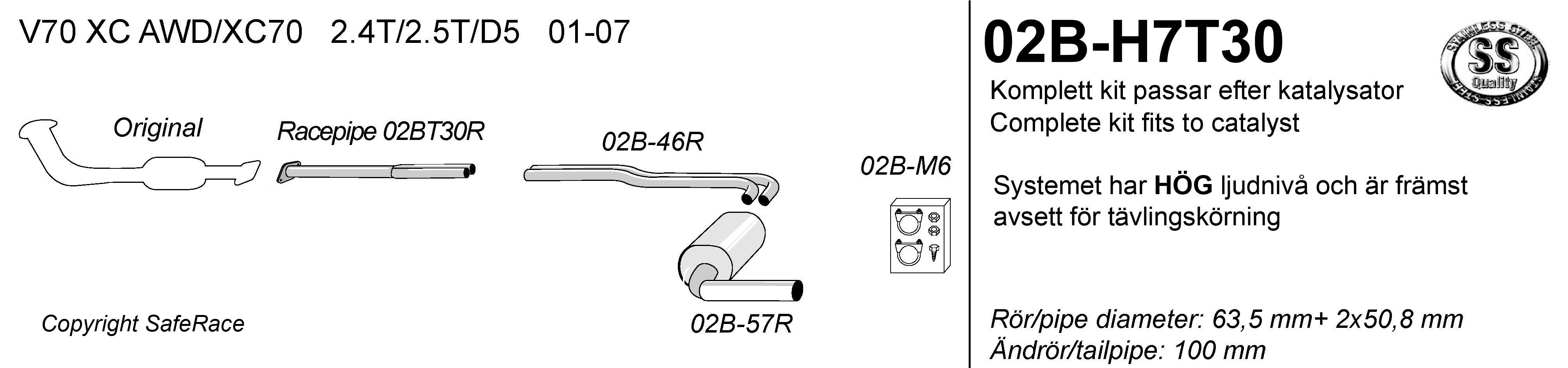 SPORT AVGASSYSTEM  VOLVO   V70 XC AWD/ XC70 2001-2007  ,1 ljudd.  2,5"/ 2x2", Ändrör 1x100mm