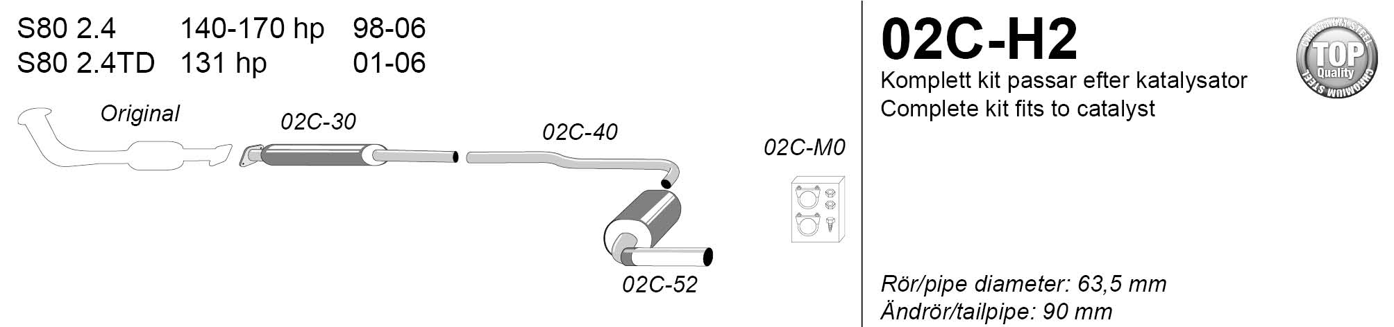 SPORTAVGASSYSTEM 2,5" VOLVO S80 I 140-170hk/2,4TD,  Ändrör 1x90mm - 2