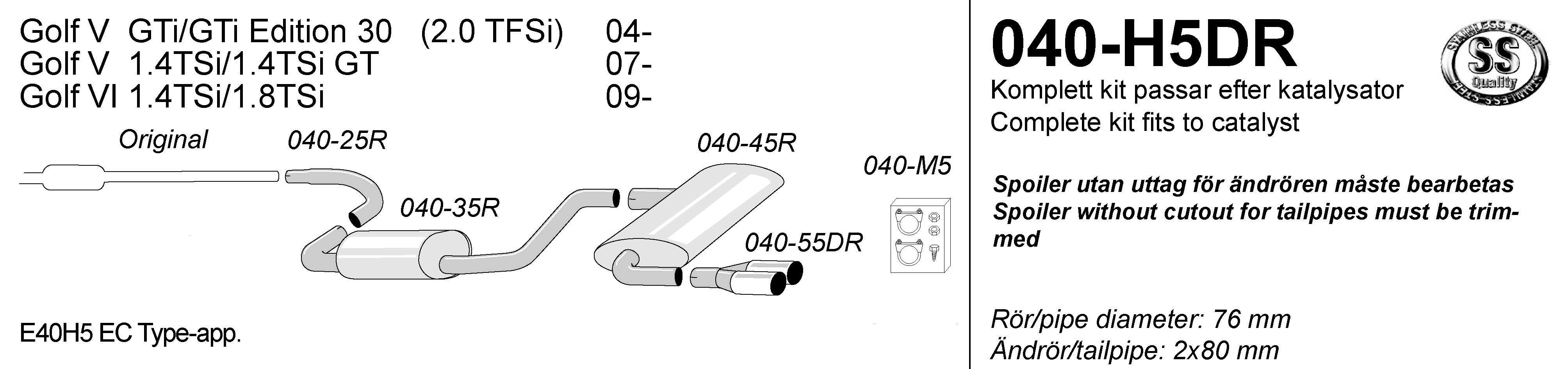 SPORTAVGASSYSTEM 3"  Audi A3 04- /VW Golf 5 / Golf 6 slutrör 2x80 mm - 2