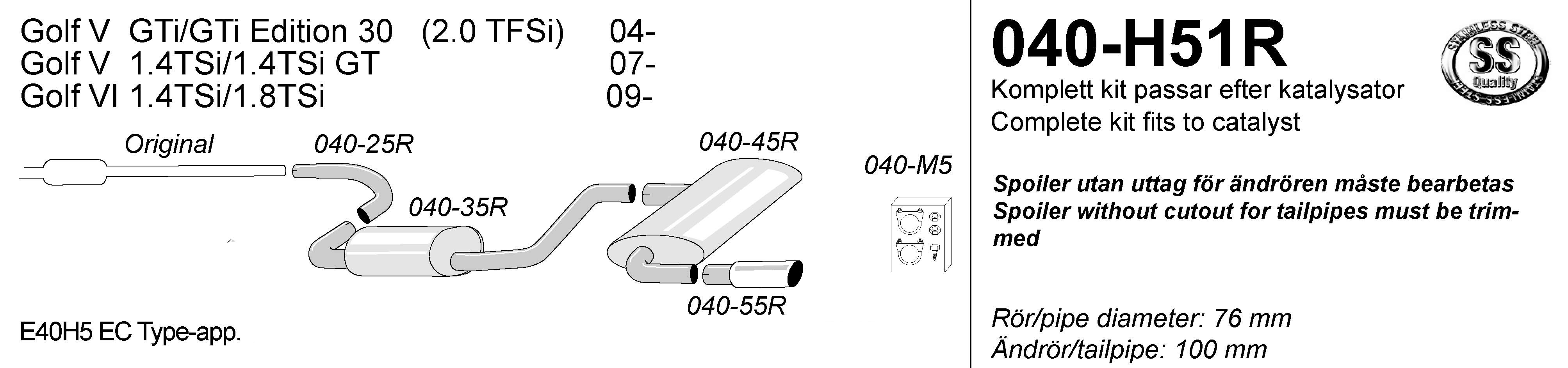 SPORTAVGASSYSTEM 3"  Audi A3 04- /VW Golf 5 / Golf 6 - slutrör 1x100mm - 2