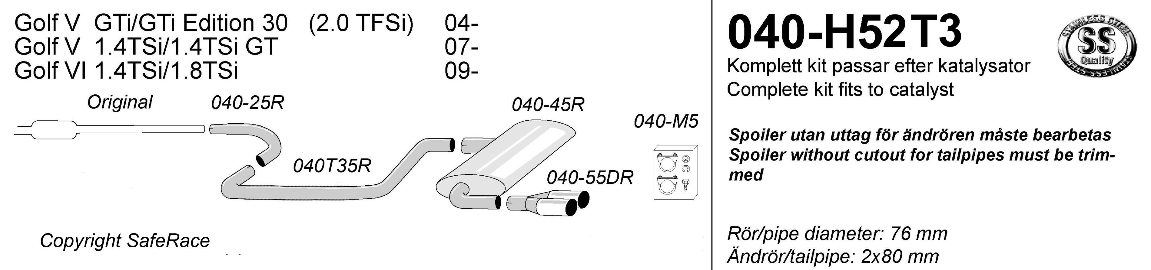 SPORTAVGASSYSTEM 3"  Audi A3 04- /VW Golf 5 / Golf 6 1 ljudd. -slutrör 2x80 mm