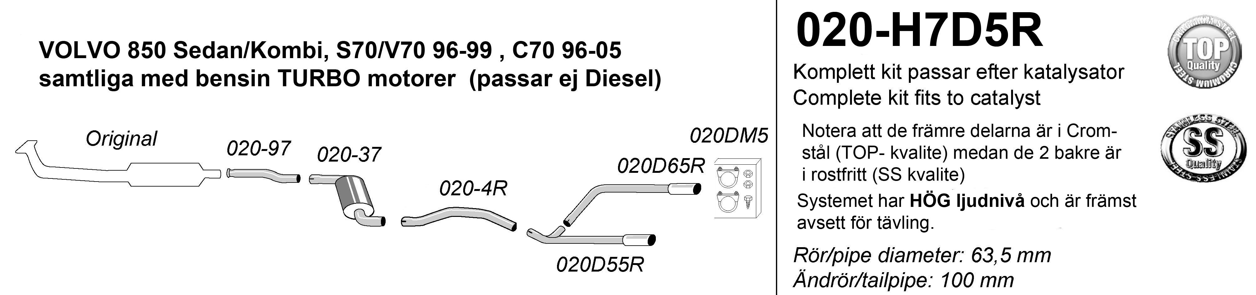 SPORT AVGASSYSTEM 2,5" VOLVO 850-ser/V70 I /S70/C70, Turbo, RAK dragning , 1 ljudd/Slutrör var sida 2x100mm