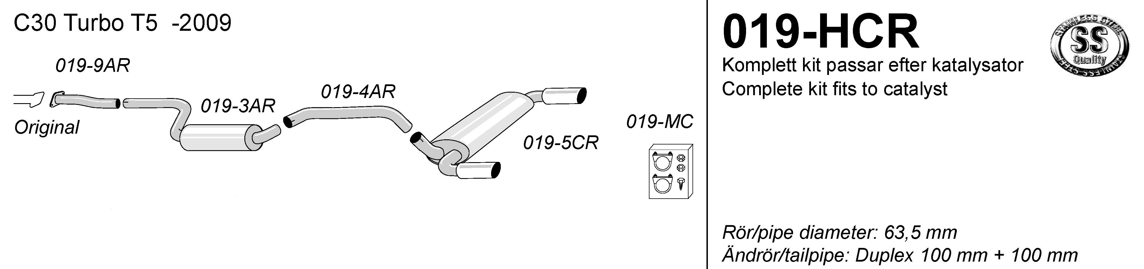 SPORTAVGASSYSTEM 2,5" VOLVO C30  T5 -2009, Ändrör 2x100 mm - 2