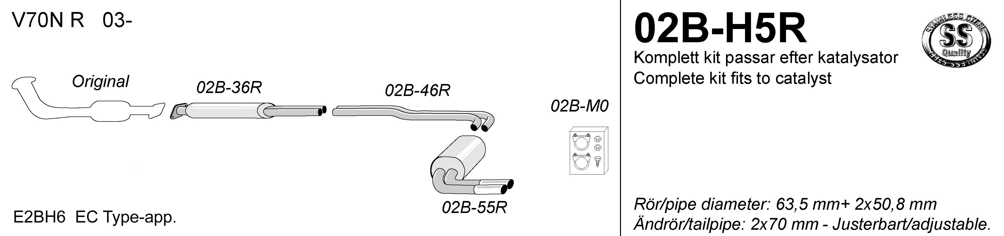 SPORTAVGASSYSTEM  VOLVO V70 II/ S60 I  R-modell 2003-2009   2,5"/ 2x2", 2 ljudd. Ändrör 2x70mm - 2